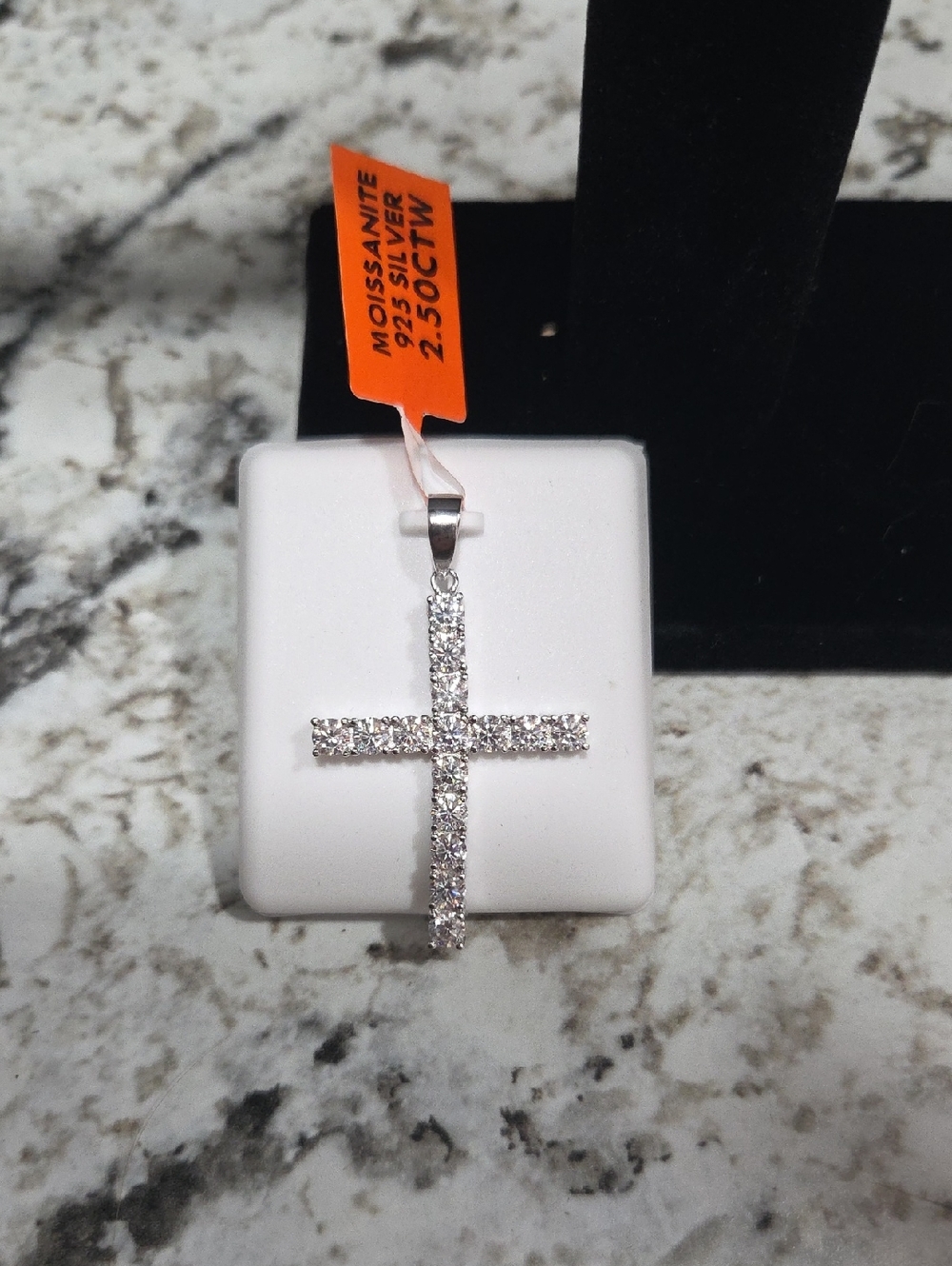 Sterling Silver Cross Pendant with Clear Moissanite Stones - Silver